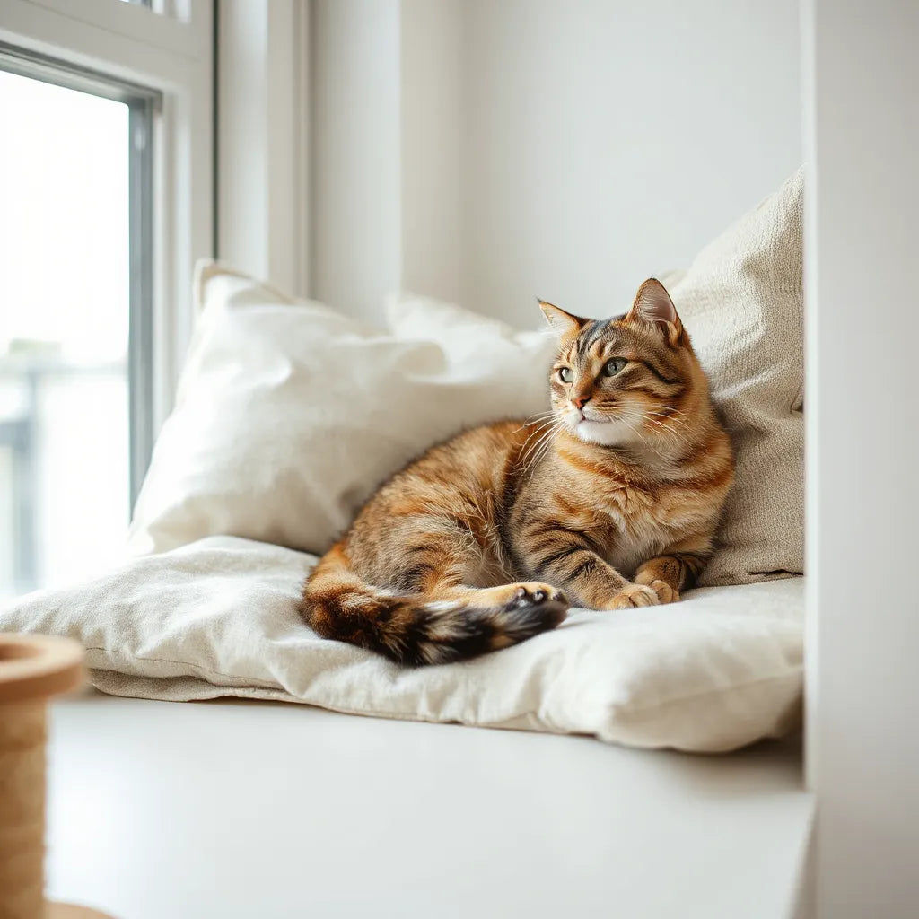 Calm domestic cat relaxing on a cozy window seat with neutral cushions in bright daylight