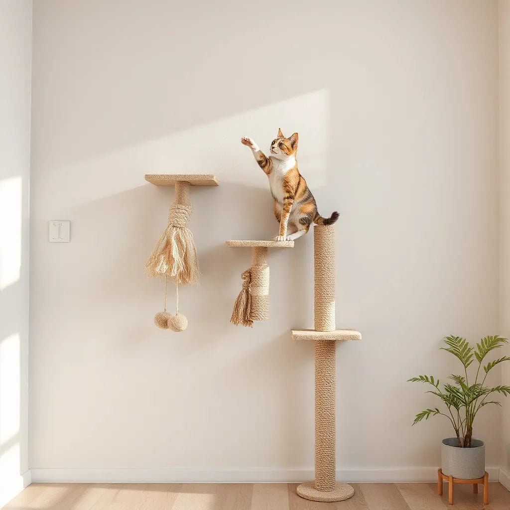 Domestic cat climbing a wall mounted play structure with platforms and a ramp in a bright room