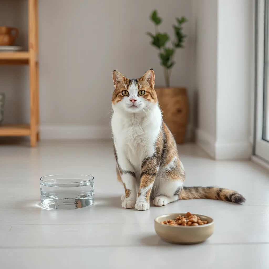 Calm domestic cat near water and food bowls in a bright, tidy home