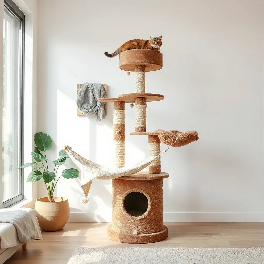 Sturdy cat tower for large cats with platforms and scratching posts in a bright living room