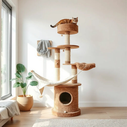 Sturdy cat tower for large cats with platforms and scratching posts in a bright living room