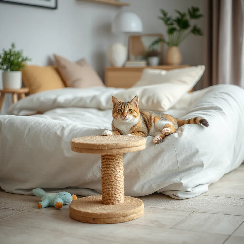 Domestic cat resting by a cozy bed and scratching post in a bright, calm living room