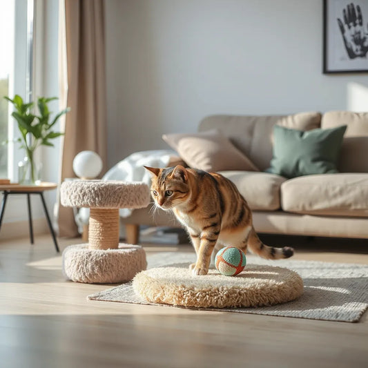 Curious cat exploring enrichment toys near a scratching post in a bright living room