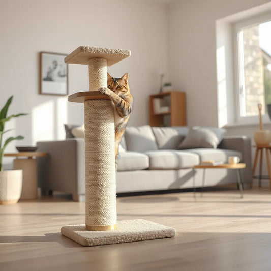Modern vertical scratching post in a bright living room with a cat actively clawing the sisal.