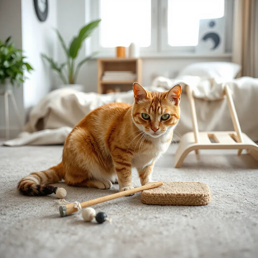 Cat playing with a wand toy near a small scratcher in a bright, cozy living room