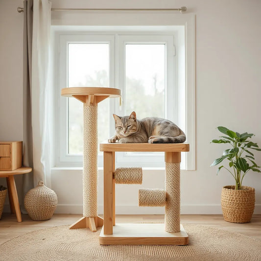Eco-friendly cat tree with sisal scratching posts in a bright living room, with a cat resting on a platform