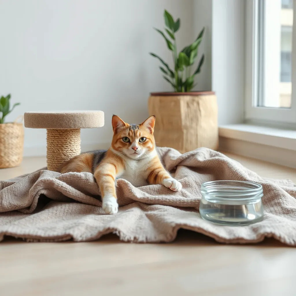 Calm domestic cat relaxing beside a scratching post and fresh water in a bright living room