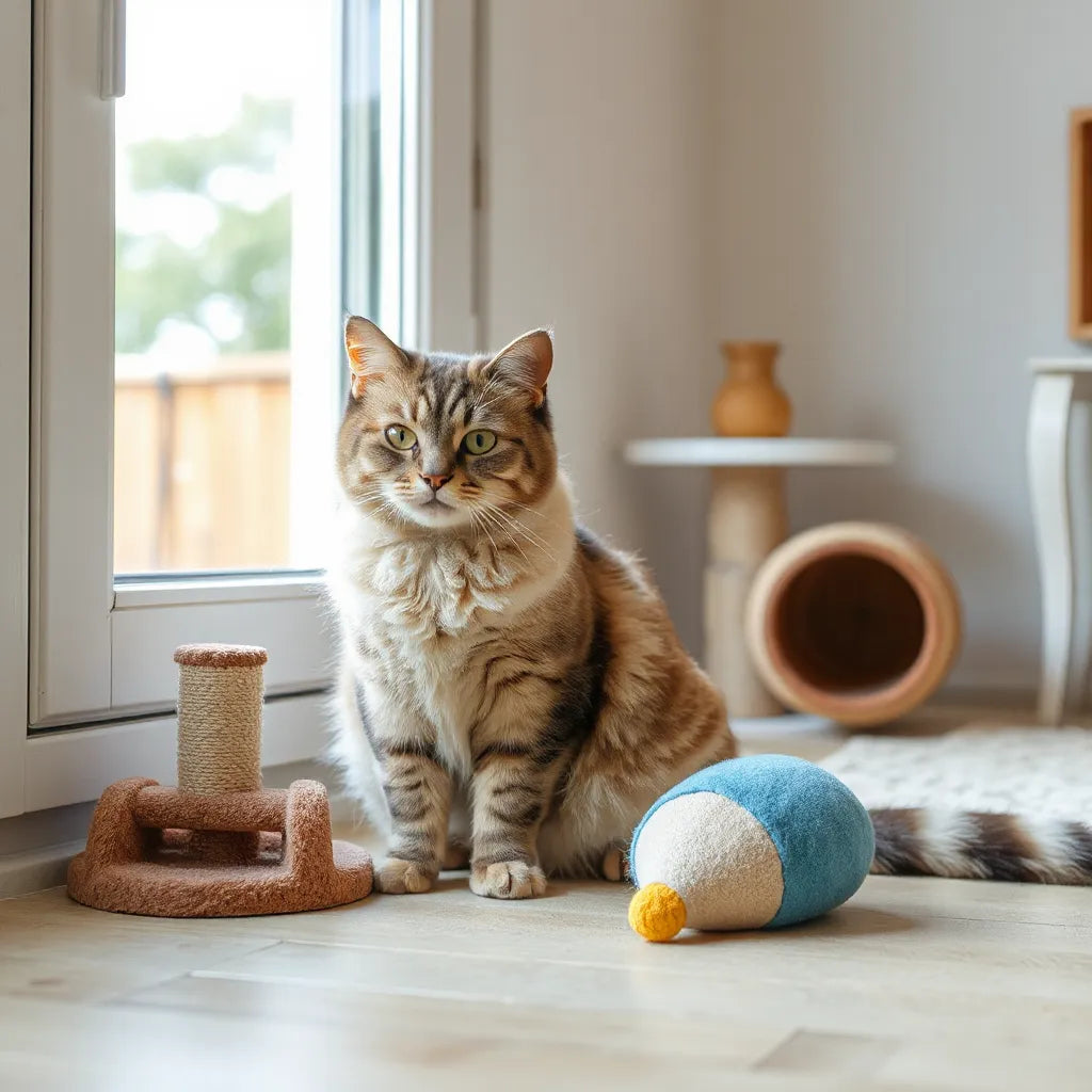 Domestic cat relaxing near a window with a scratching post and interactive toys for enrichment