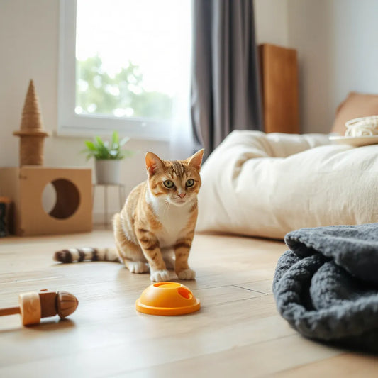 Curious cat playing with an interactive toy in a bright, tidy living room