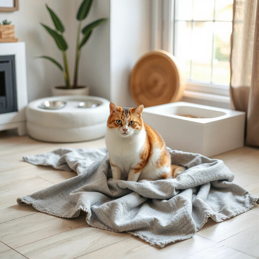 Calm domestic cat resting near a cat bed, with food and water bowls in a bright home setting