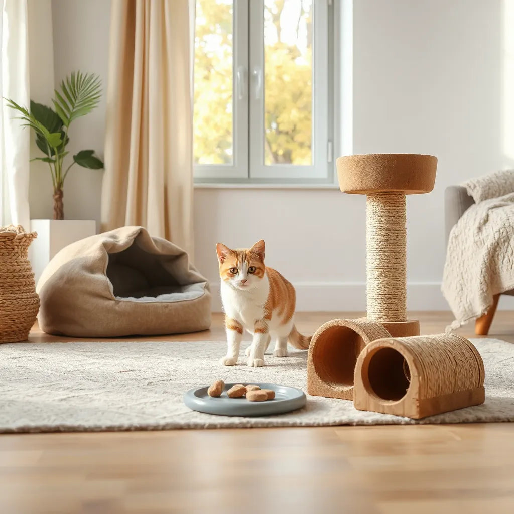 Curious cat exploring enrichment items near a scratching post and cat bed in a bright living room