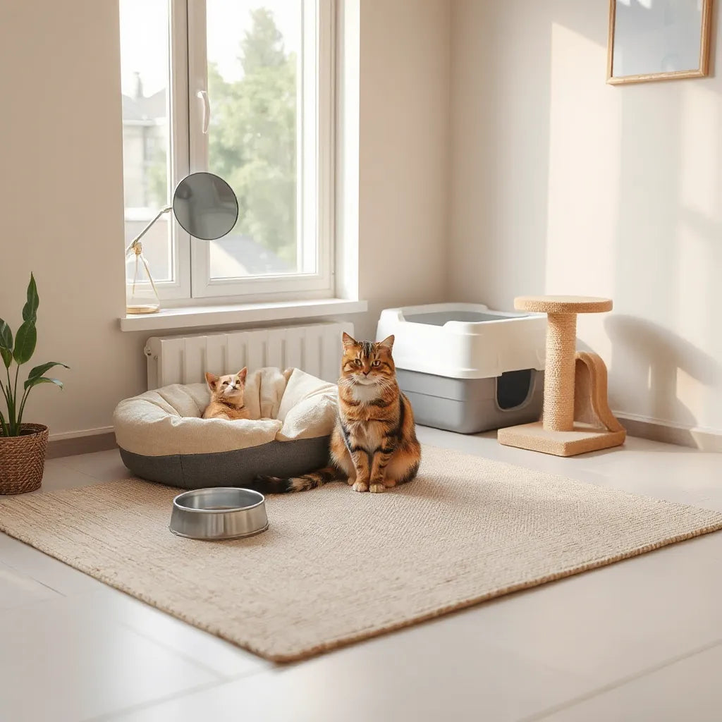Relaxed cat beside a scratching post and cozy bed in a clean, well-set-up home.