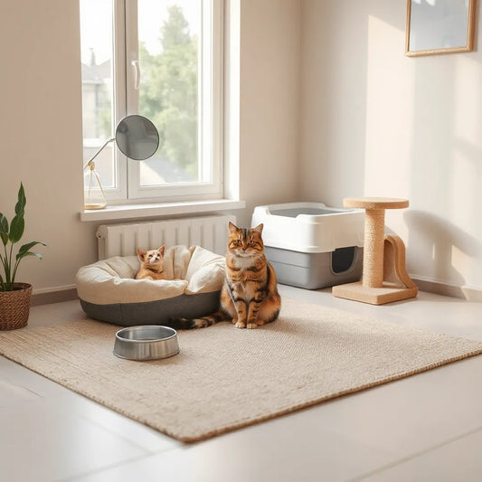 Relaxed cat beside a scratching post and cozy bed in a clean, well-set-up home.