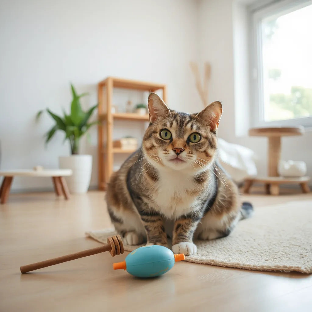 Happy cat playing with interactive toy near a scratcher and cozy bed in a bright room