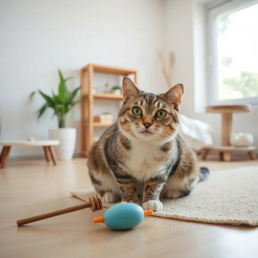 Happy cat playing with interactive toy near a scratcher and cozy bed in a bright room