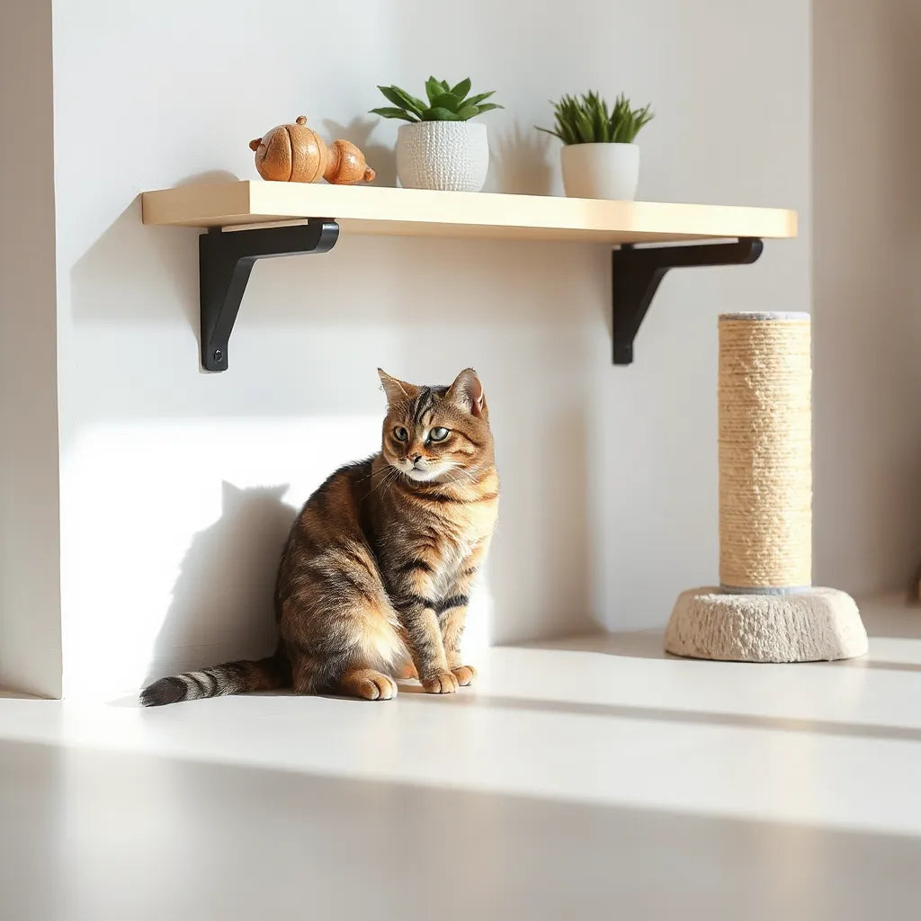 Curious cat exploring enrichment toys near a scratching post in a bright, clean home.