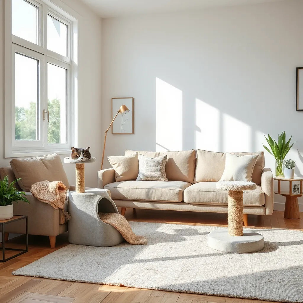 Sleek cat tree and bed in neutral tones placed in a modern living room with matching decor