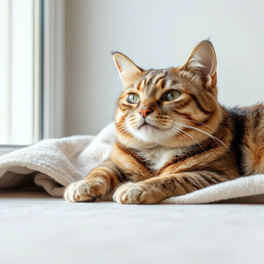Relaxed domestic cat lounging on a soft blanket by a window in warm natural light