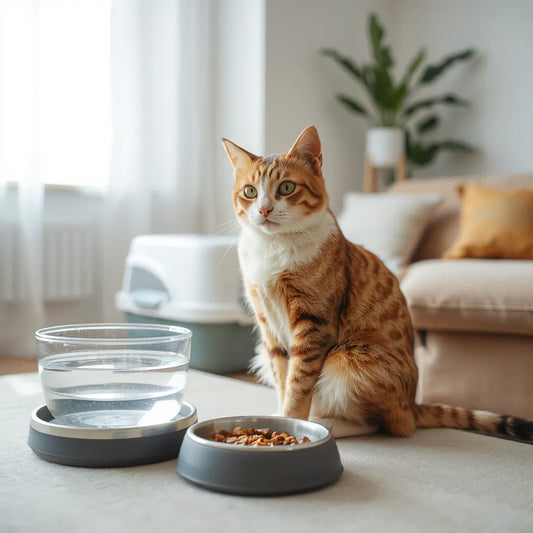 Healthy cat resting near a water bowl and food area in a bright, cozy living room