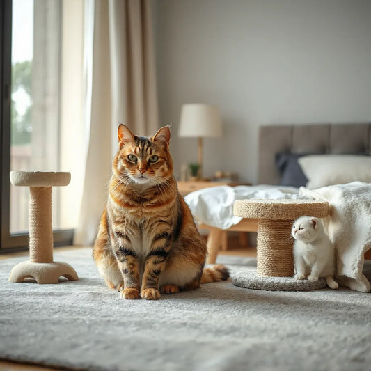 A calm domestic cat resting near a cozy bed and scratching post in a bright living room