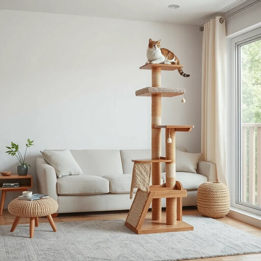 Solid wood cat tree with multiple perches and scratching posts in a bright living room